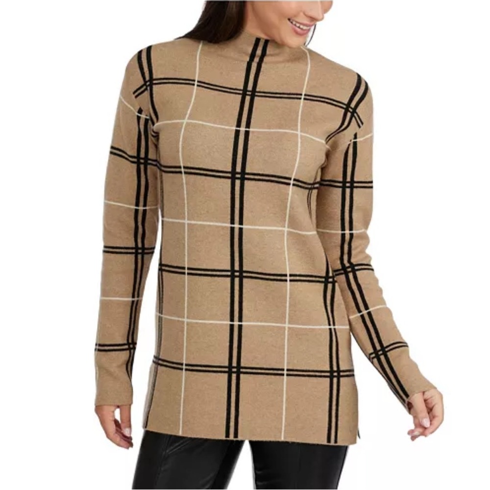 Ellen Tracy Plaid Jacquard Funnel Neck Tunic Sweater In Camel Mix